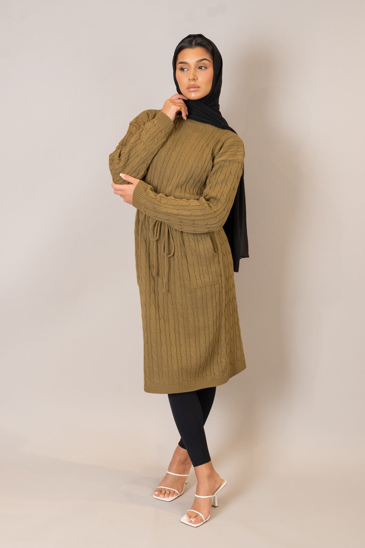 Winter Camel Drawstring Cable Knit Dress