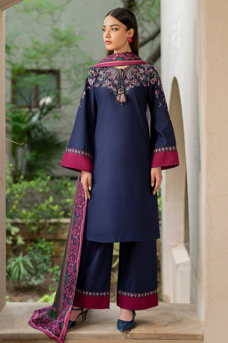 Embroidered Khaddar Navy Blue Stitched Suit - Jazmin