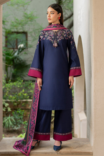 Embroidered Khaddar Navy Blue Stitched Suit - Jazmin