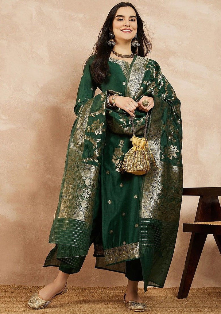 Woven Chanderi Green Stitched Suit - Indya