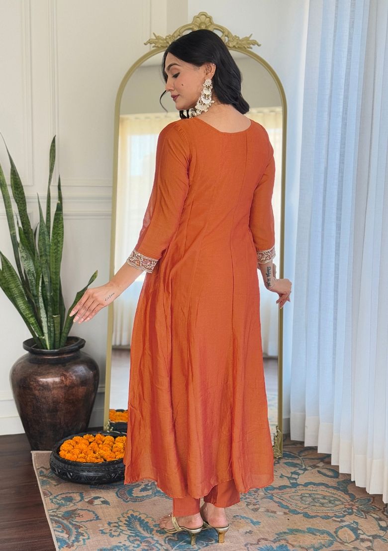 Embroidered Vichitra Silk Orange Stitched Suit - Indya