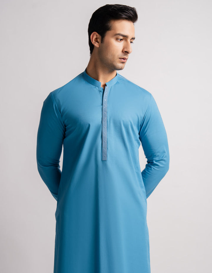 Cotton Aqua Blue Kurta - J. Junaid Jamshed