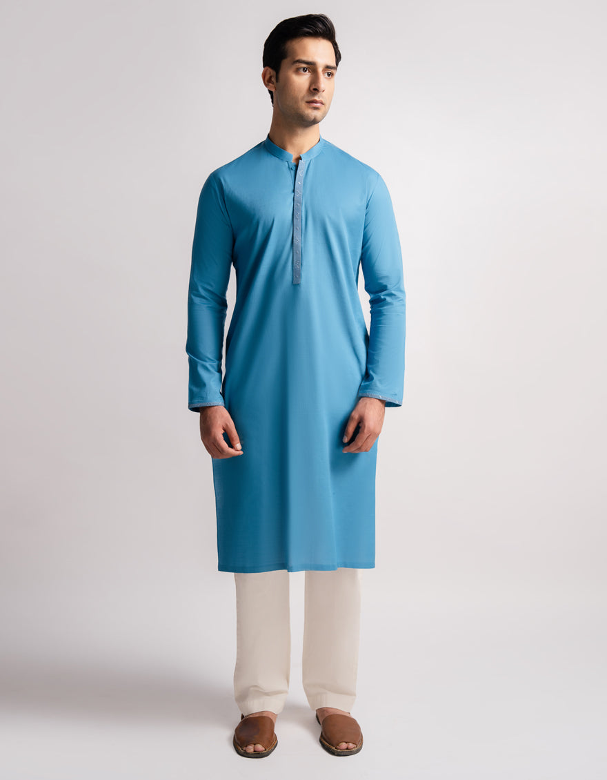 Cotton Aqua Blue Kurta - J. Junaid Jamshed