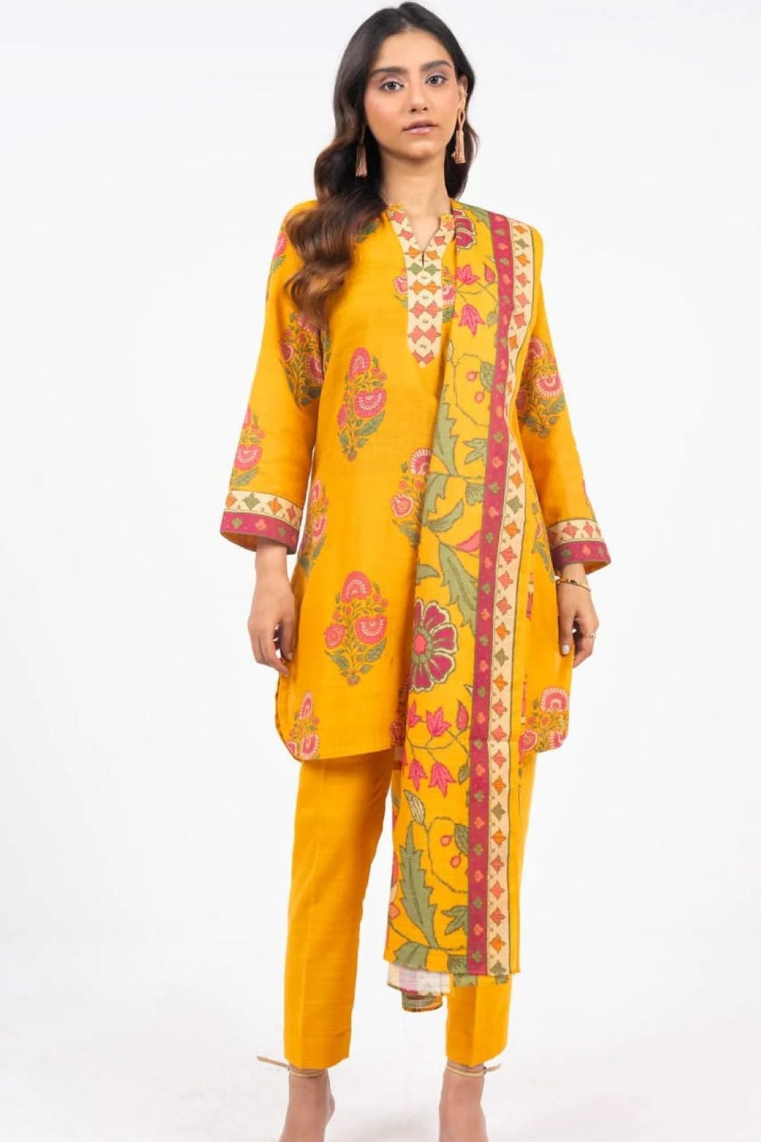Printed Khaddar Yellow Unstitched Suit - Alkaram