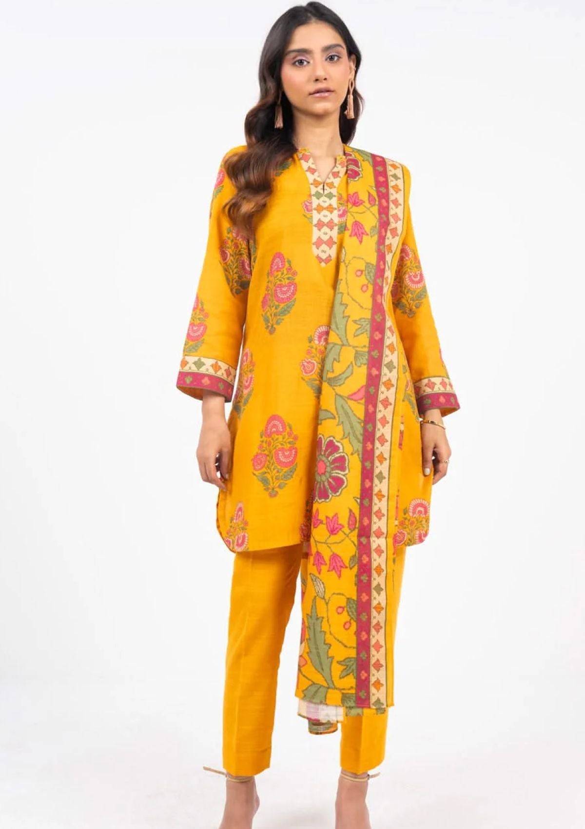 Printed Khaddar Yellow Unstitched Suit - Alkaram