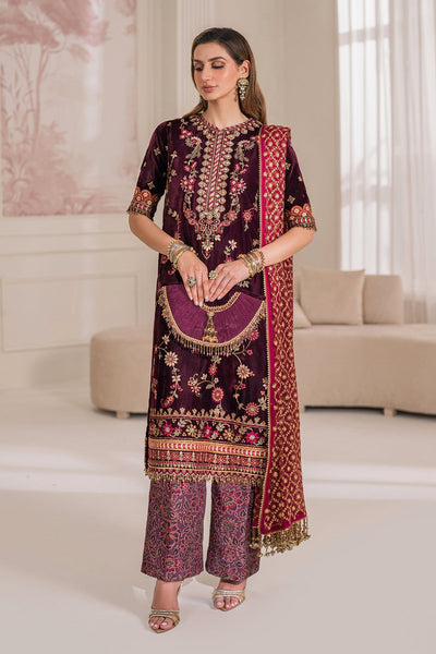 Embroidered Velvet Purple Stitched Suit - Baroque