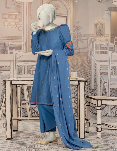 Textured Blue Stitched Suit - J. Junaid Jamshed