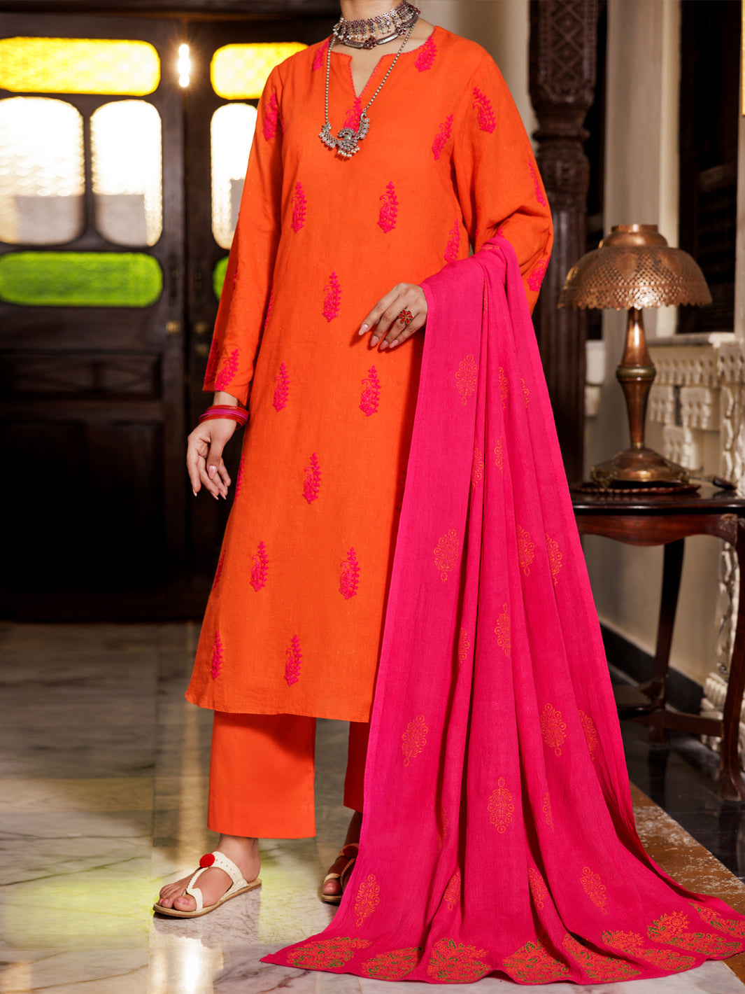 Yarn Dyed Orange Unstitched Suit - Almirah