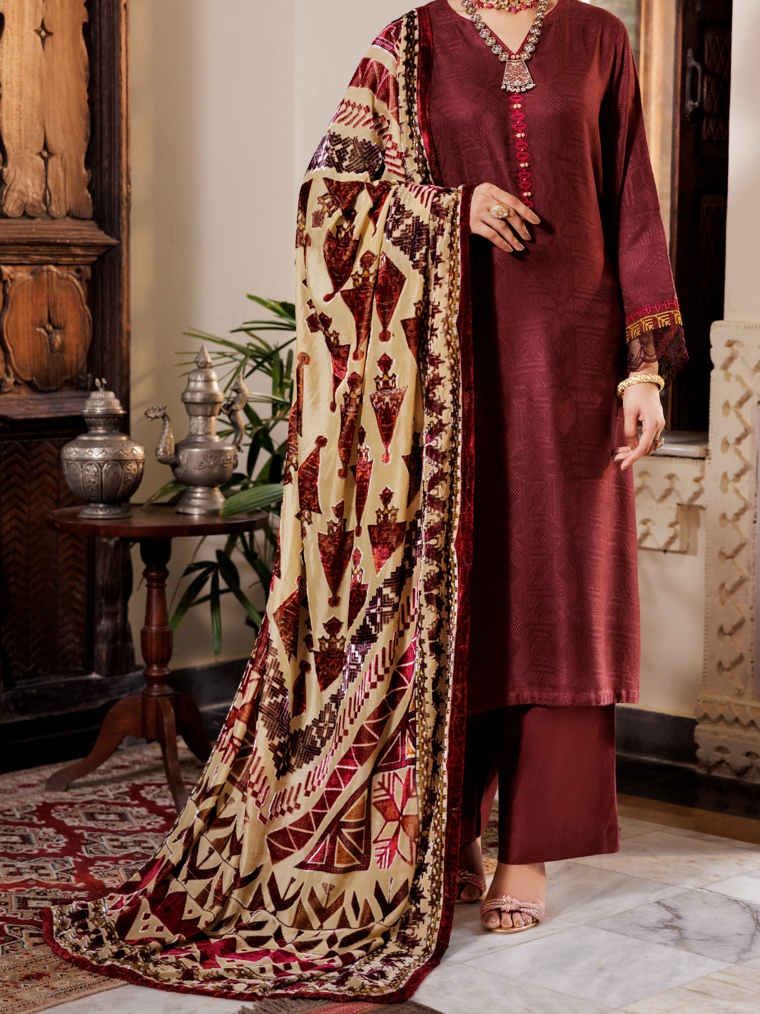 Acrylic Maroon Unstitched Suit - Almirah