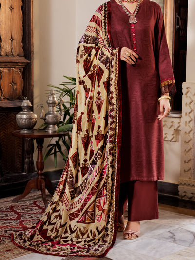 Yarn Dyed Maroon Stitched Suit - Almirah