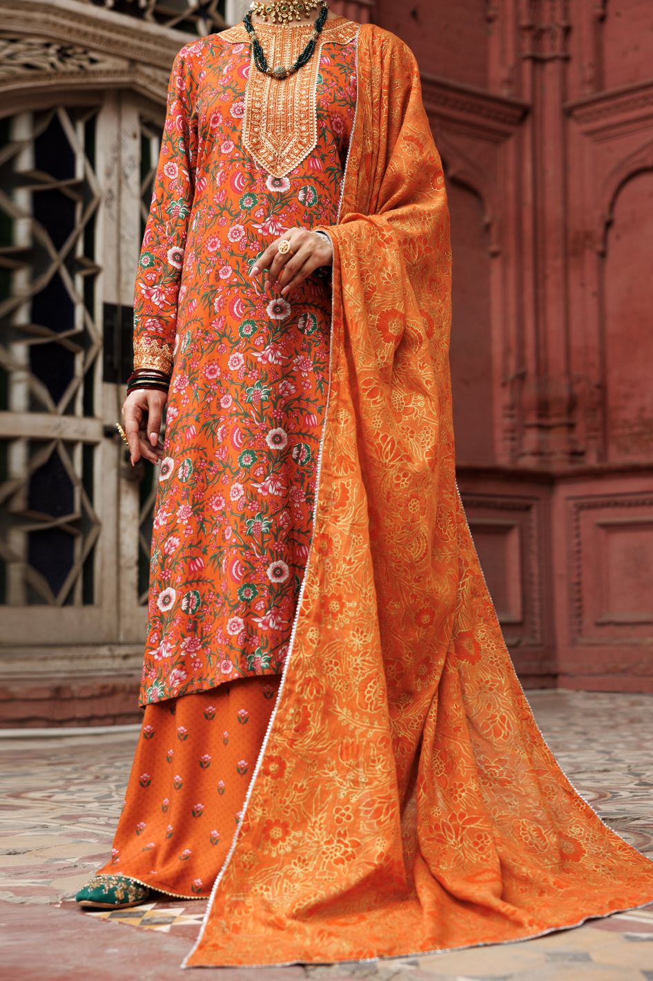 Dobby Orange Stitched Suit - Almirah