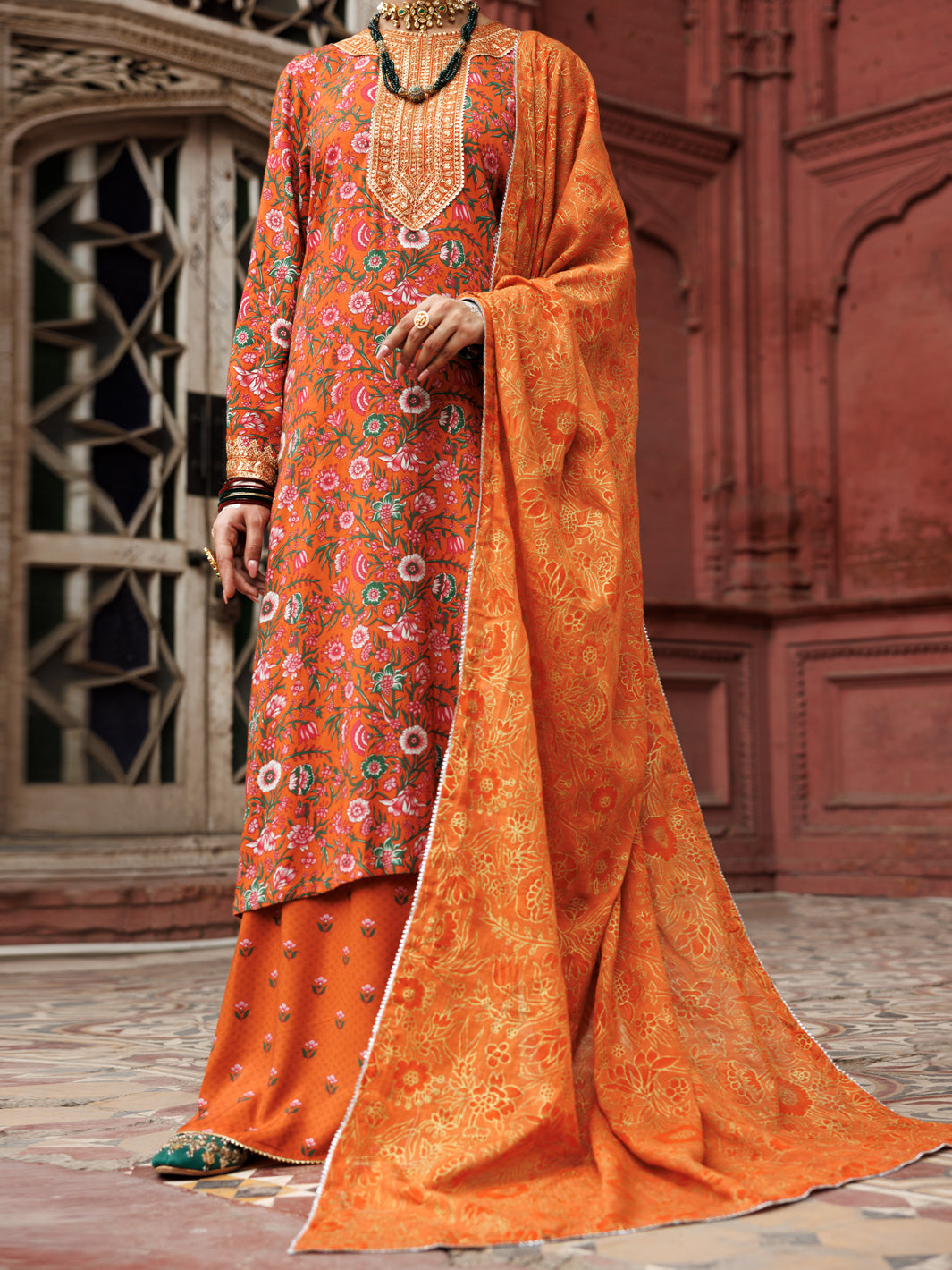 Dobby Orange Stitched Suit - Almirah