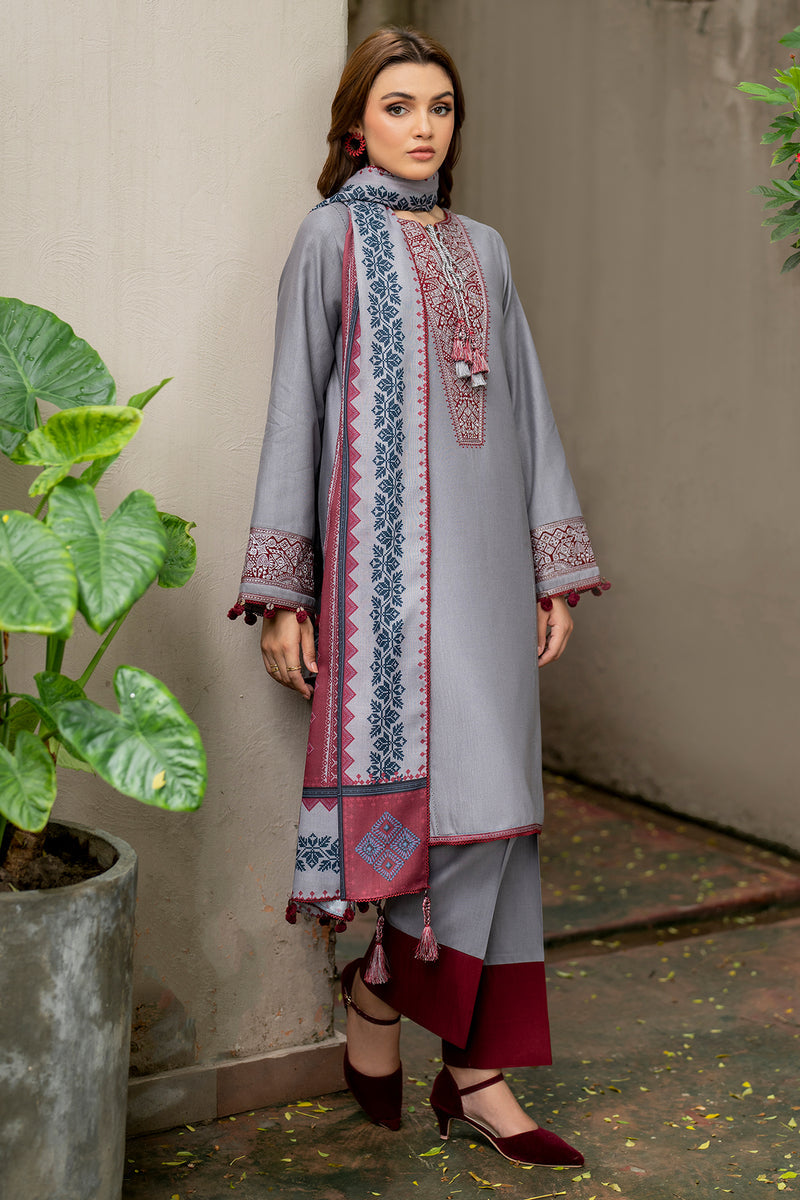 Embroidered Khaddar Grey & Red Stitched Suit - Jazmin