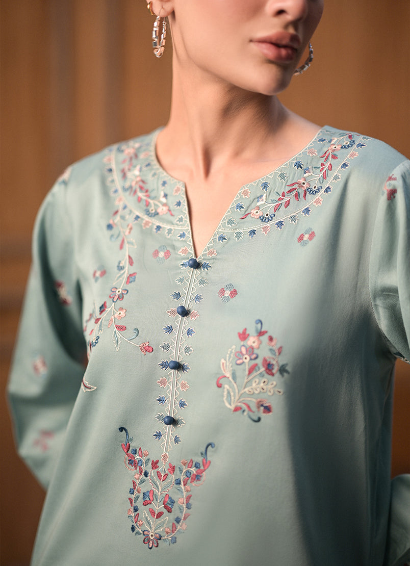 Cotton Satin Sea Foam Stitched Suit - Image