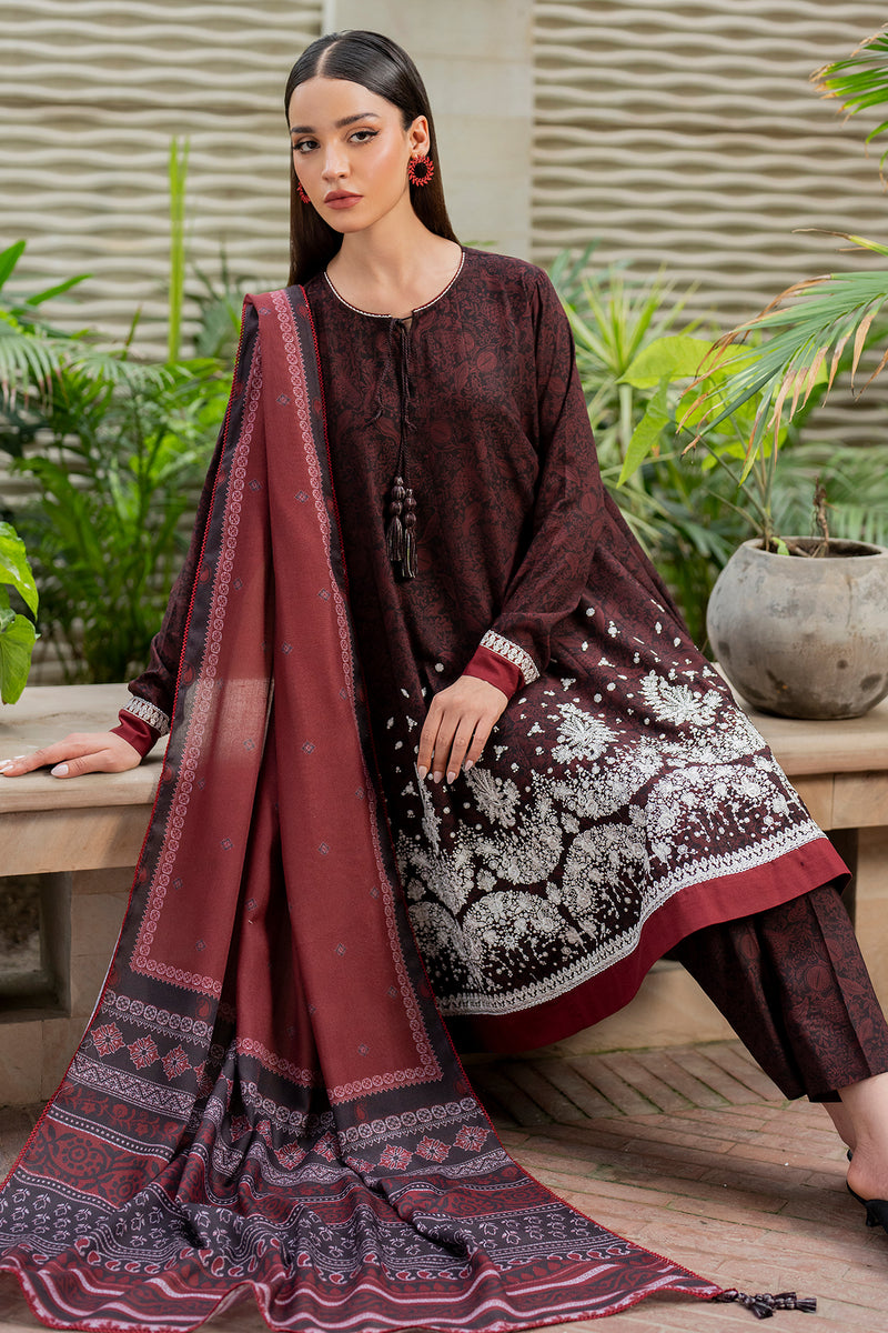 Embroidered Viscose Dark Maroon Stitched Suit - Jazmin