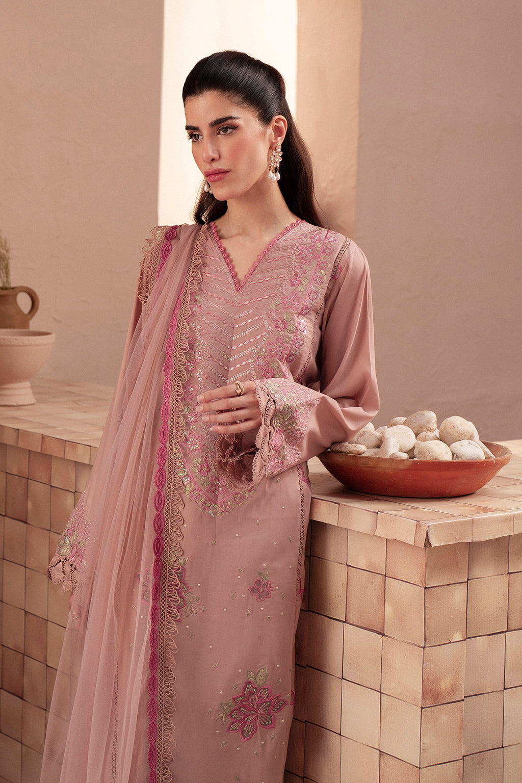 Silk Lawn & Net Pink Stitched Luxury Suit - Vanya