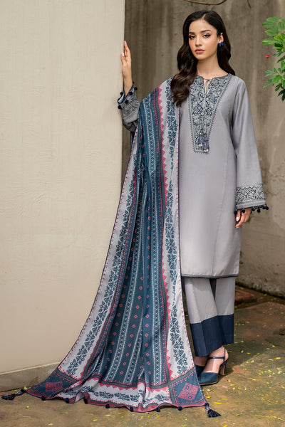 Embroidered Khaddar Blue & Grey Stitched Suit - Jazmin