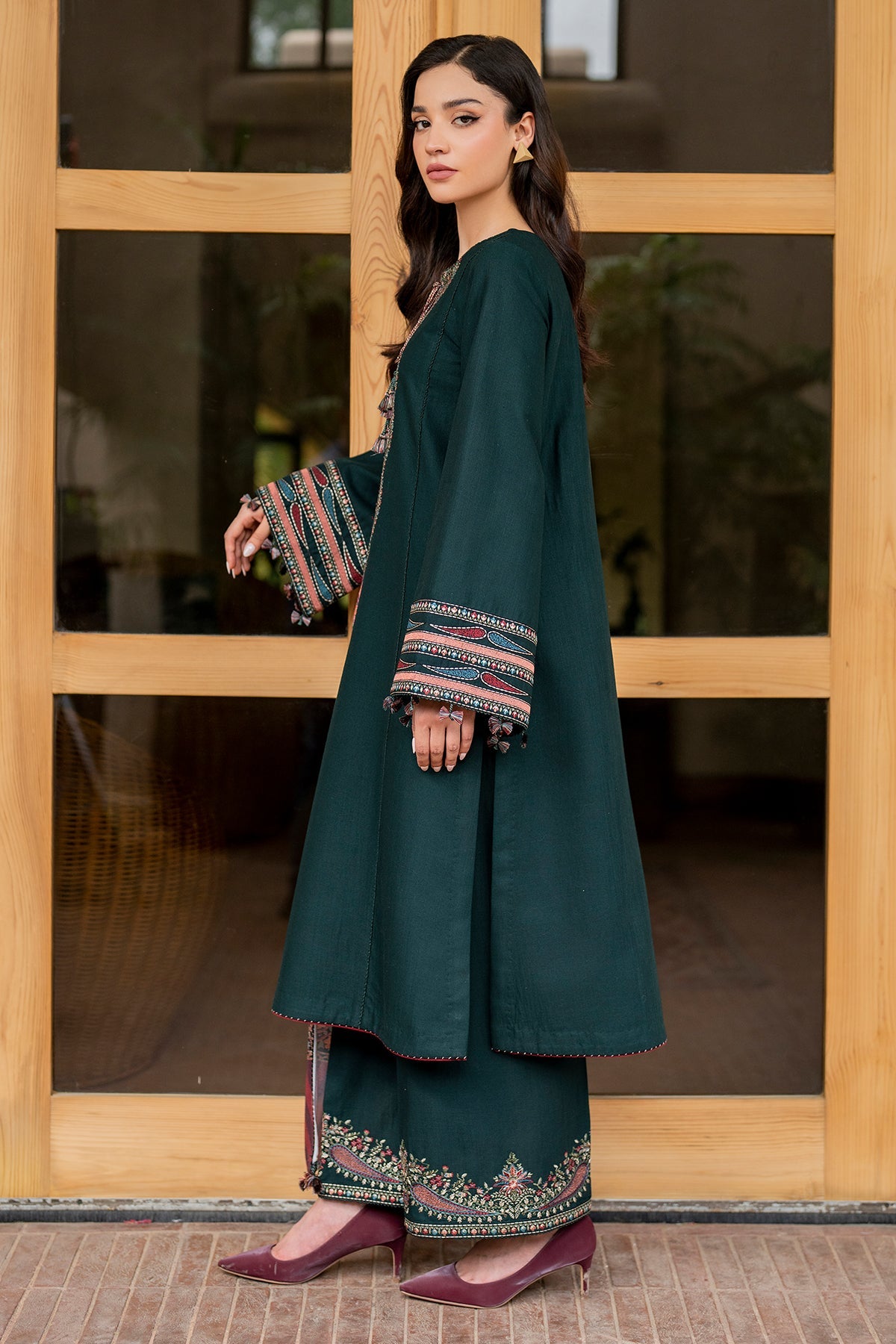 Embroidered Khaddar Green Stitched Suit - Jazmin