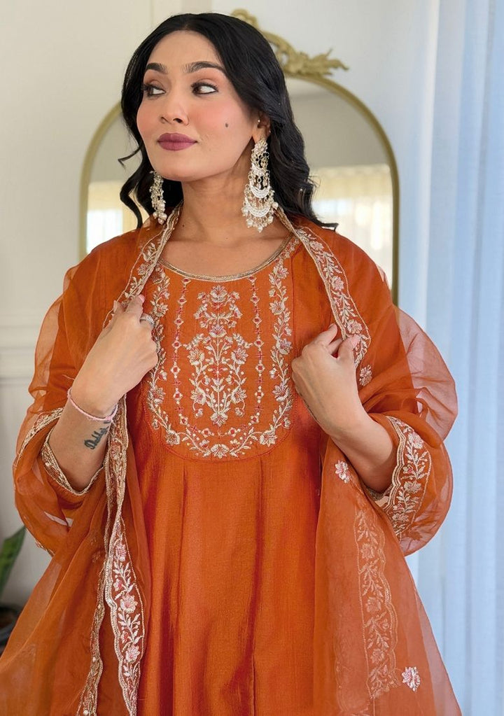 Embroidered Vichitra Silk Orange Stitched Suit - Indya