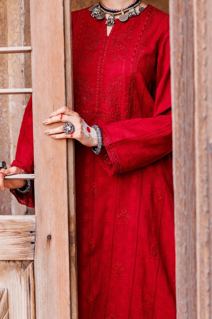 Lino Kara Red Kurti- Almirah