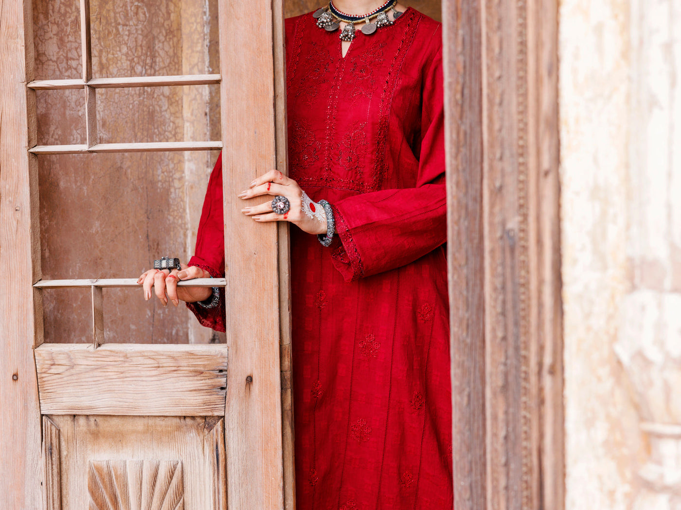 Lino Kara Red Kurti- Almirah