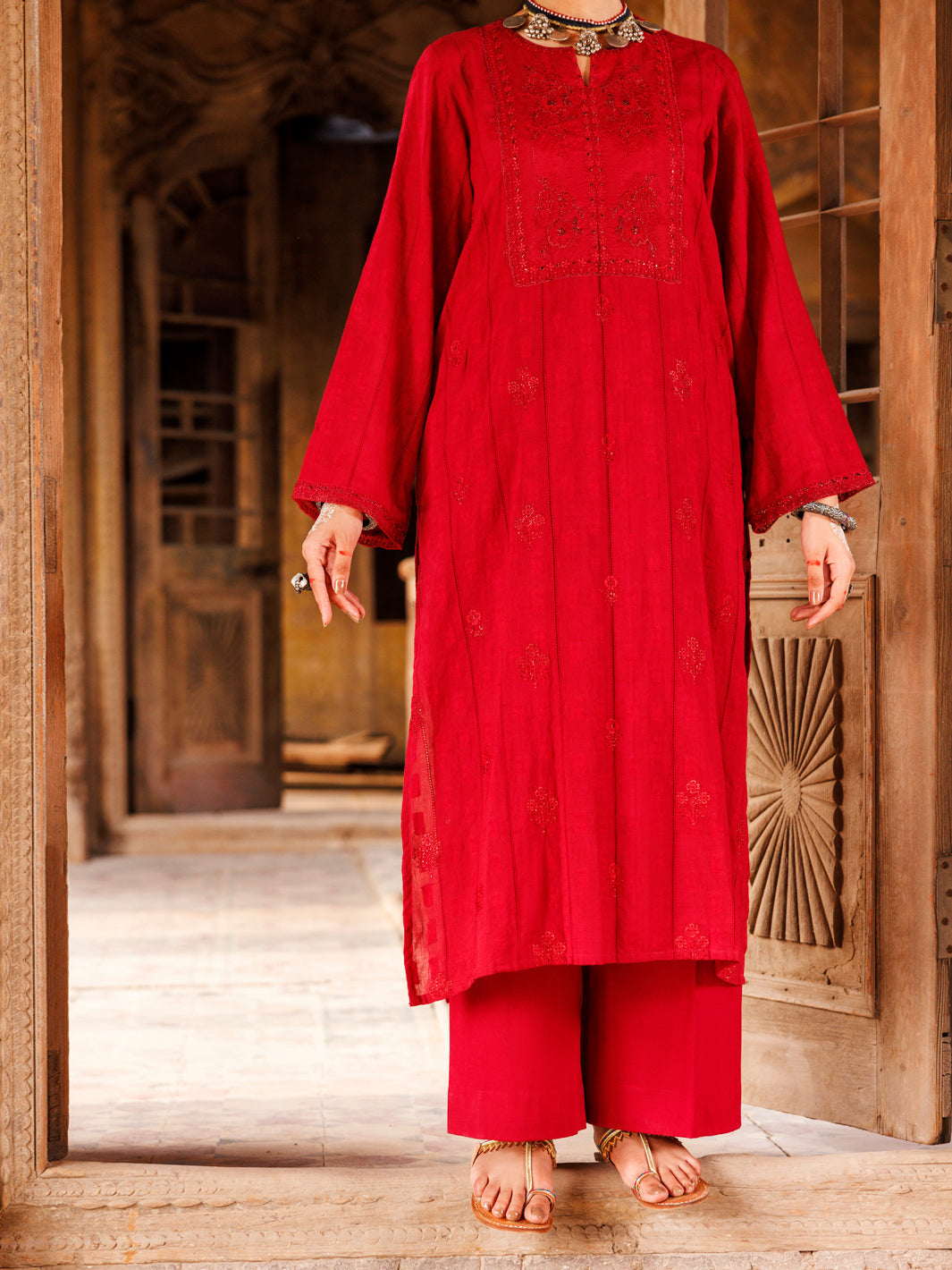 Lino Kara Red Kurti- Almirah