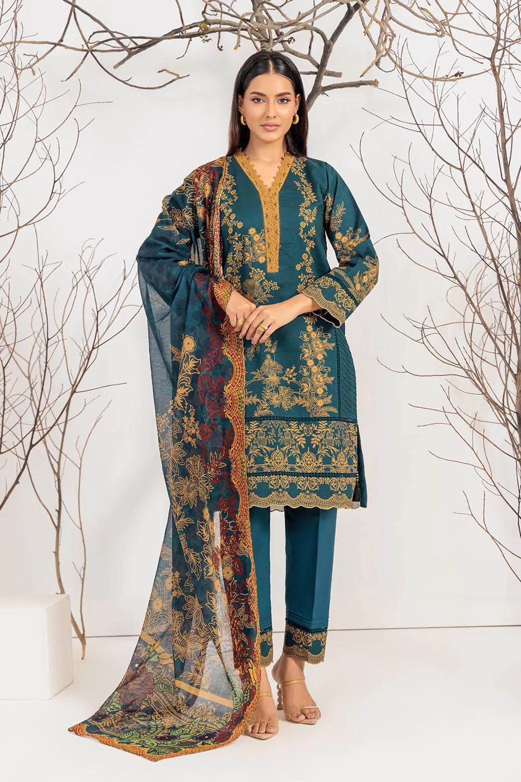 Printed Textured Cambric Teal Unstitched Suit - Bonanza