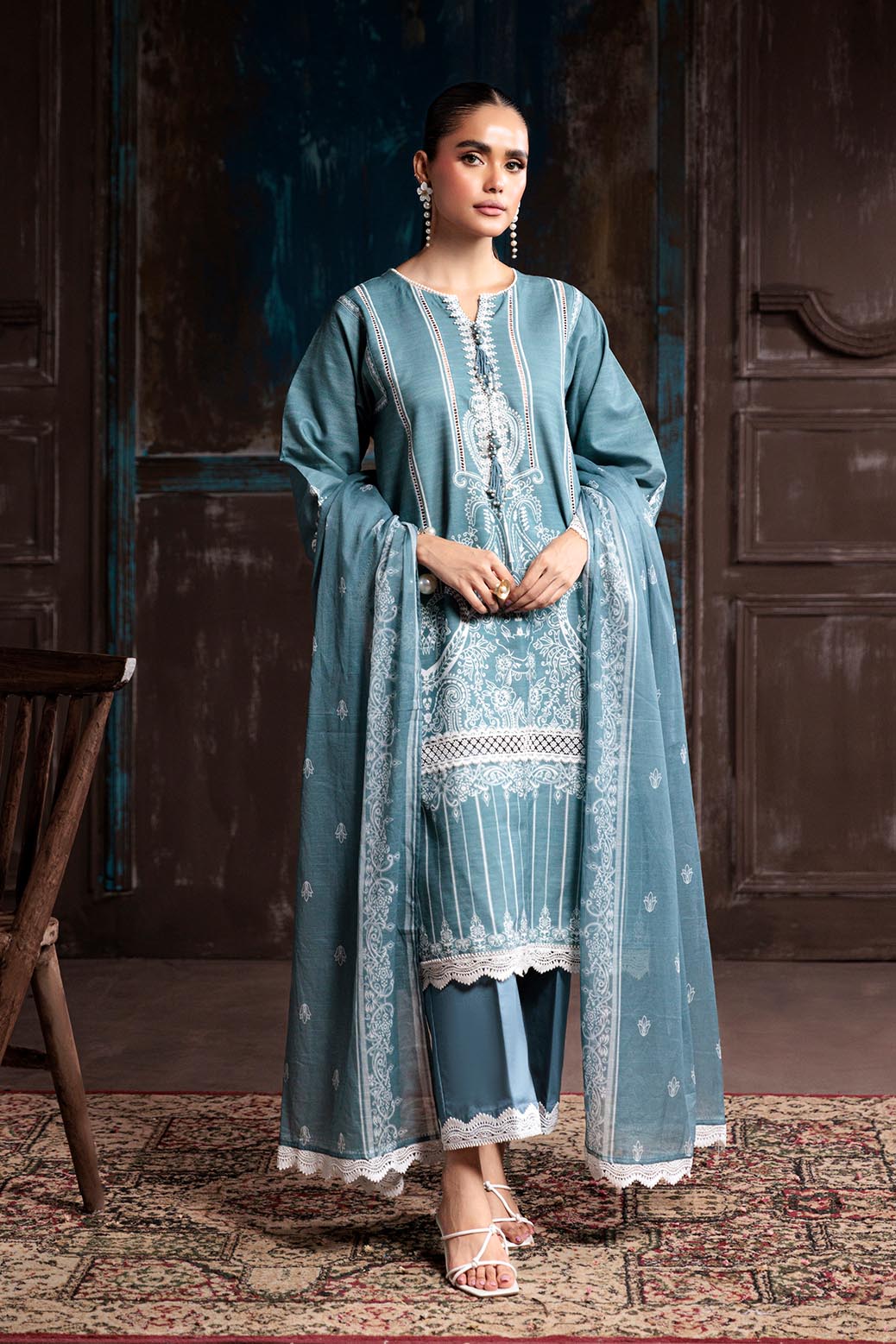 Printed Textured Cambric Teal Unstitched Suit - Bonanza