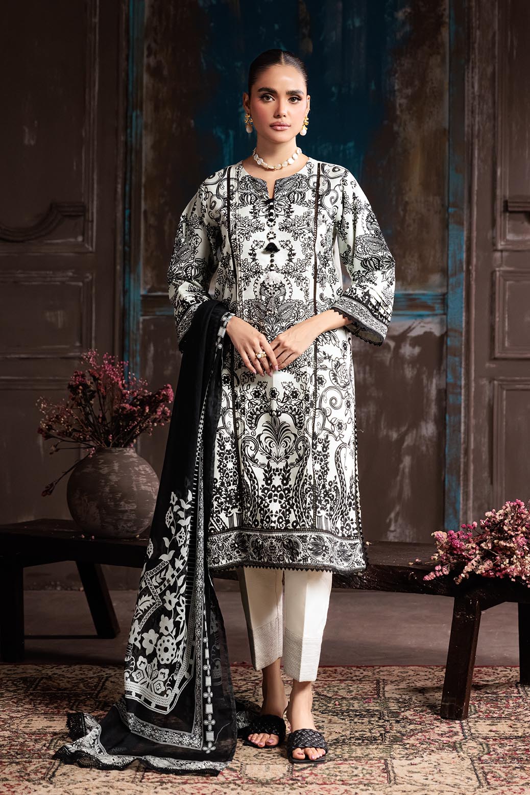 Printed Textured Cambric White Unstitched Suit - Bonanza