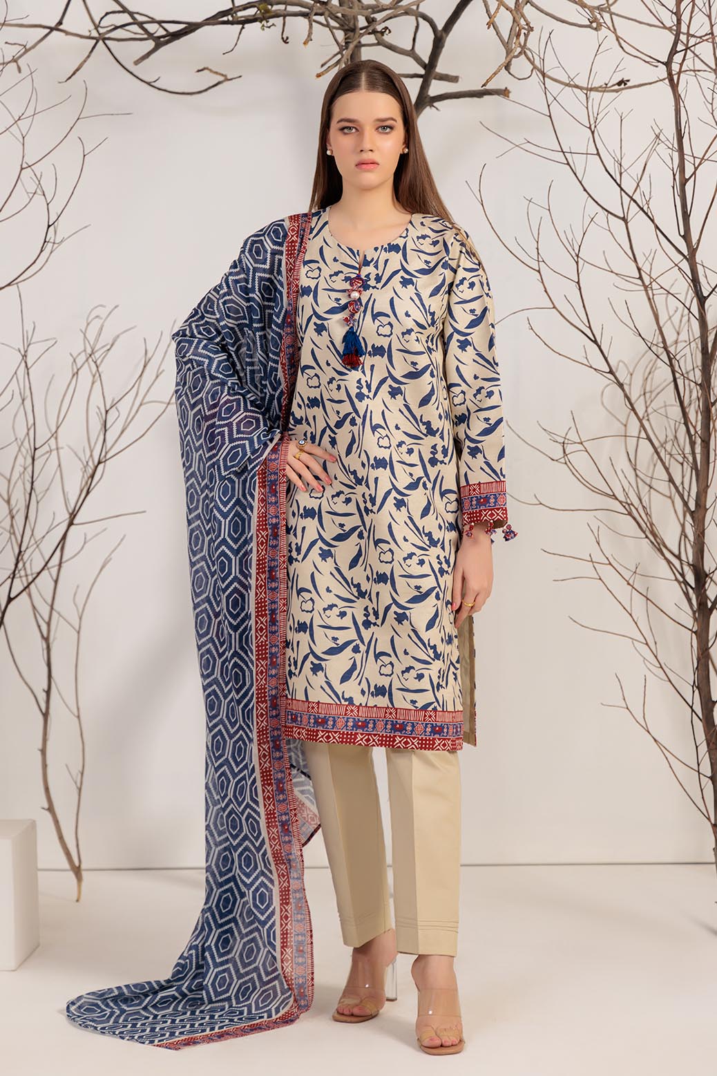 Printed Textured Cambric Beige Unstitched Suit - Bonanza