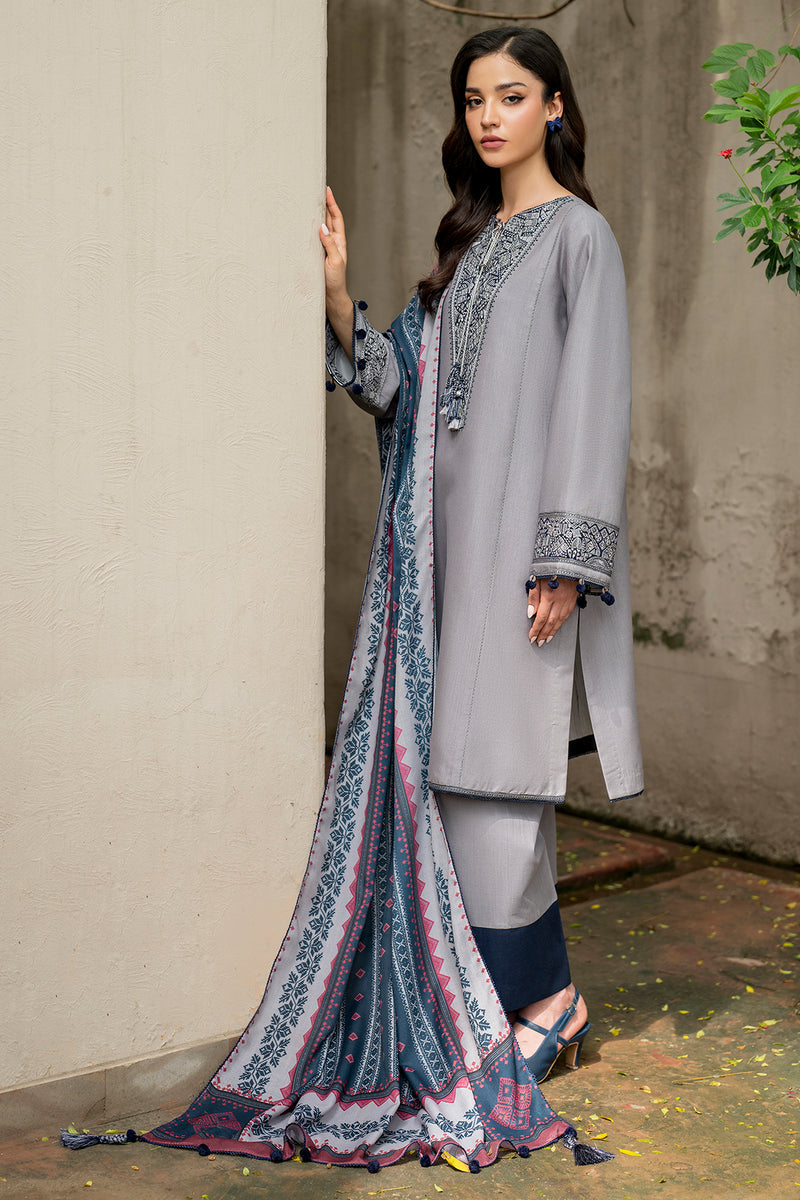 Embroidered Khaddar Blue & Grey Stitched Suit - Jazmin