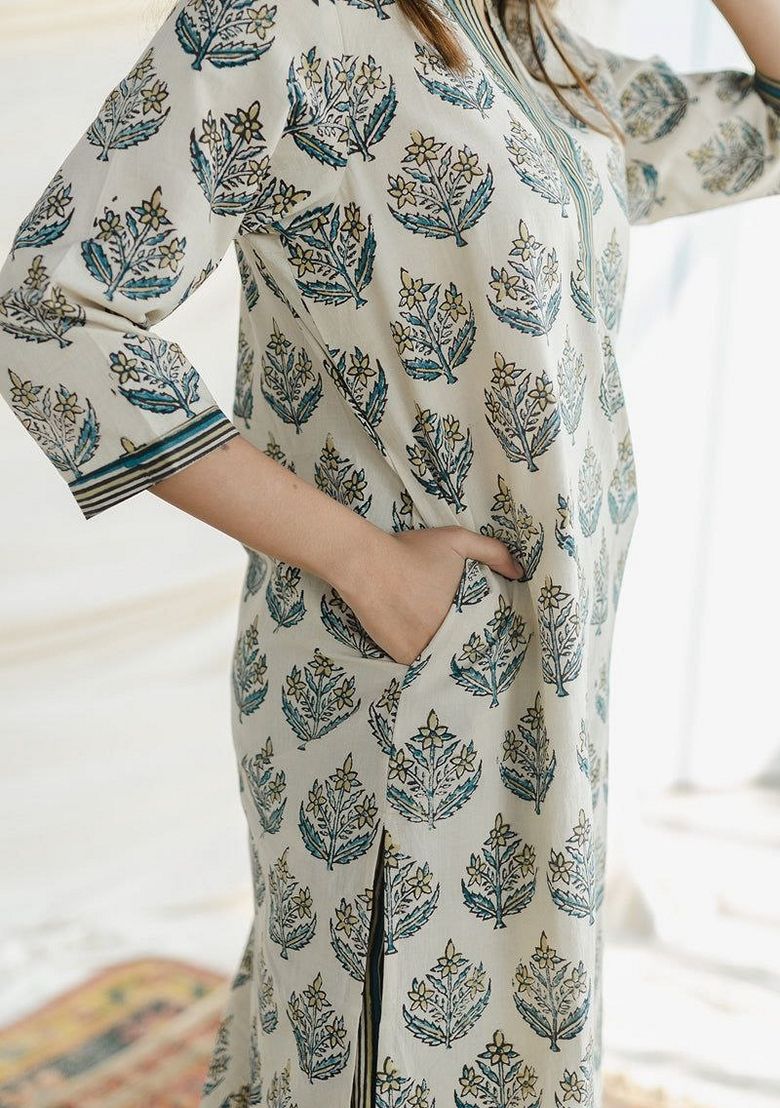 Digital Print Rayon White Stitched Suit - Indya