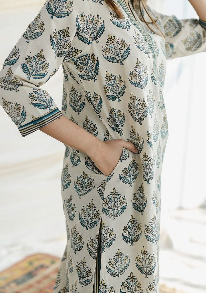 Digital Print Rayon White Stitched Suit - Indya