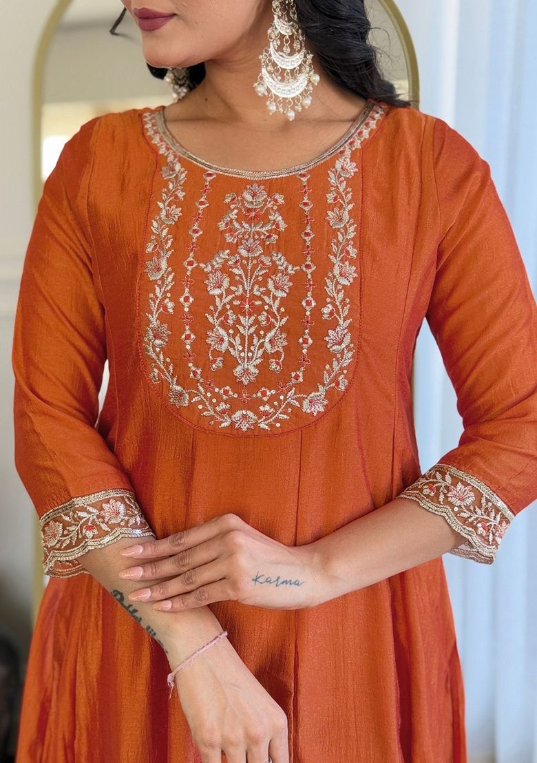 Embroidered Vichitra Silk Orange Stitched Suit - Indya