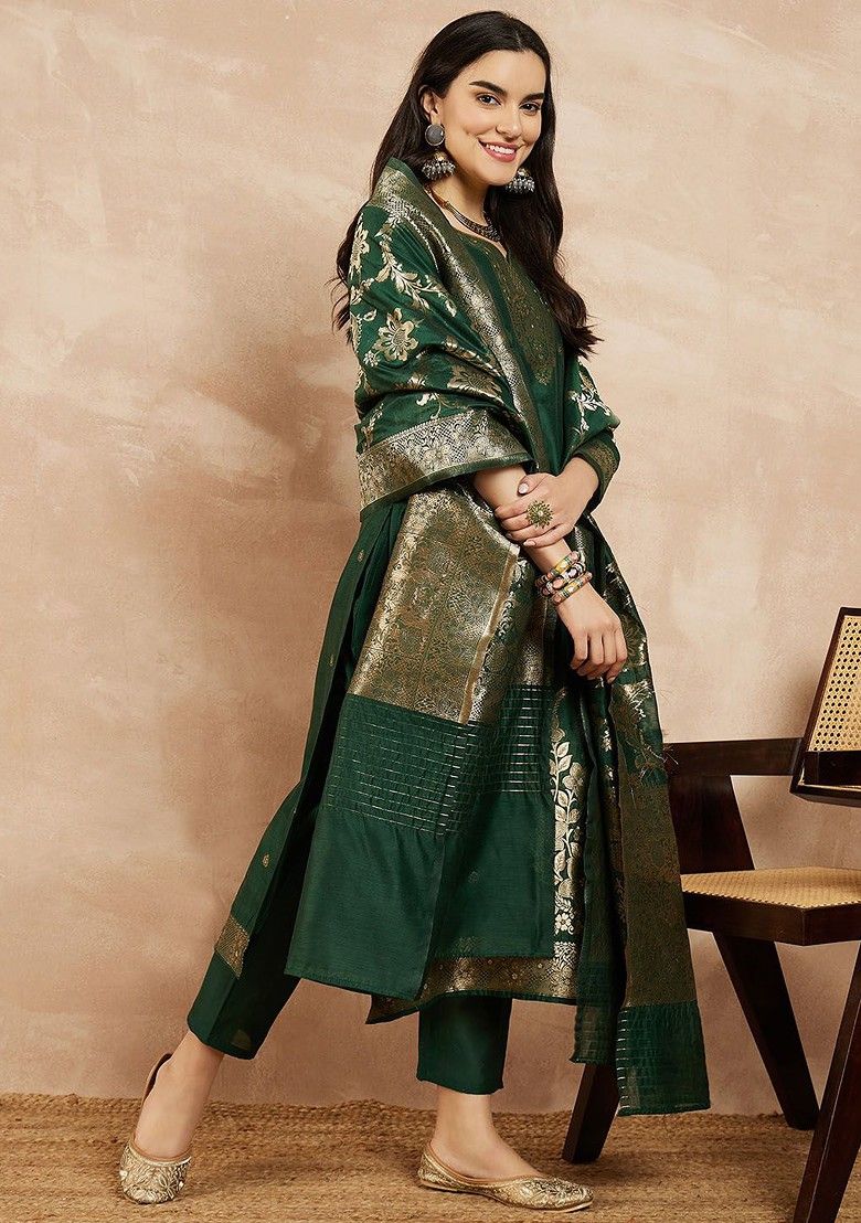 Woven Chanderi Green Stitched Suit - Indya