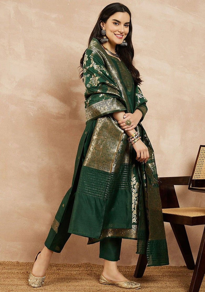 Woven Chanderi Green Stitched Suit - Indya