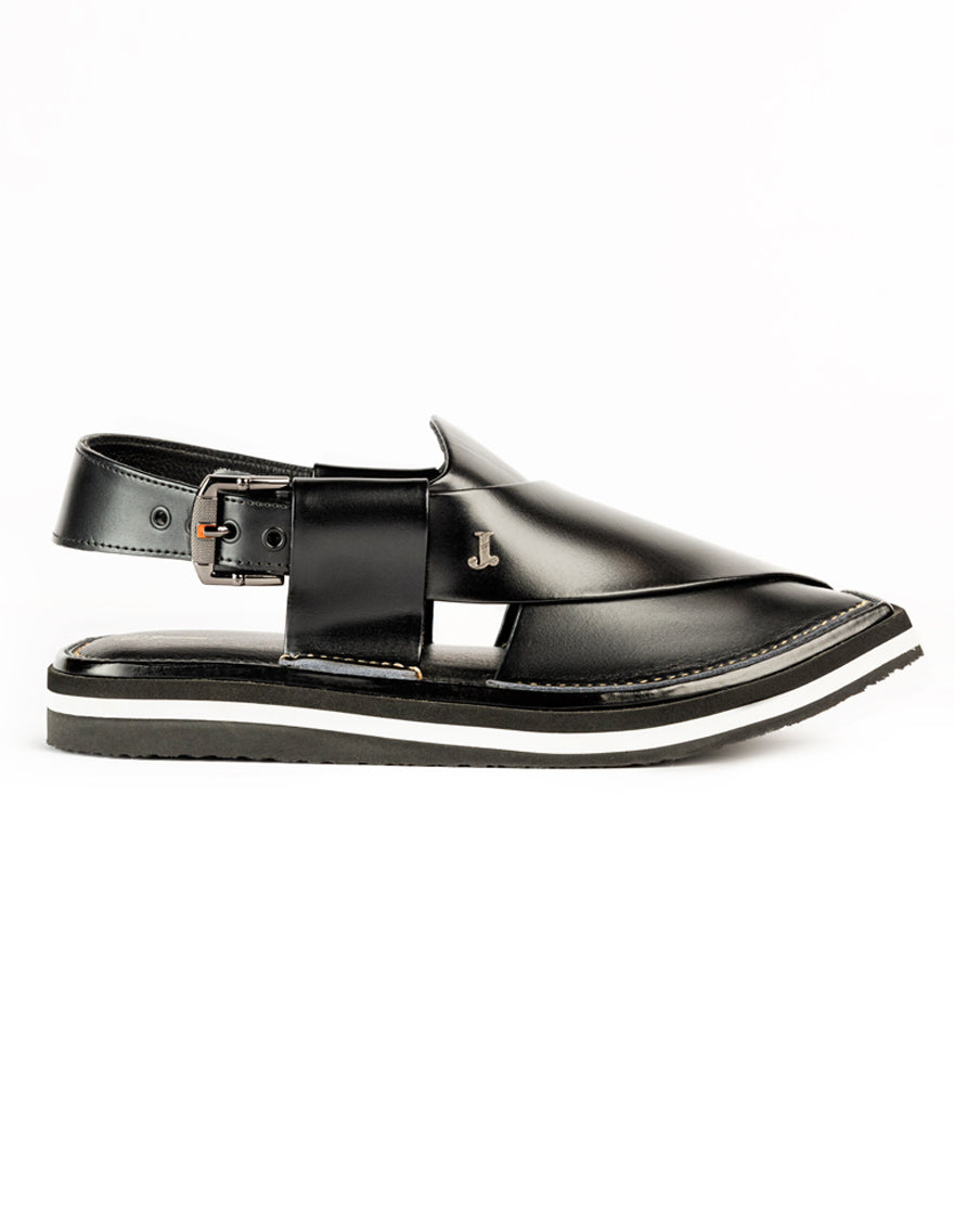 Shiny Black Peshawari Chappal - J. Junaid Jamshed