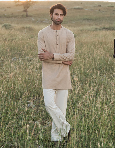 Cotton Beige Short Kurta - J. Junaid Jamshed