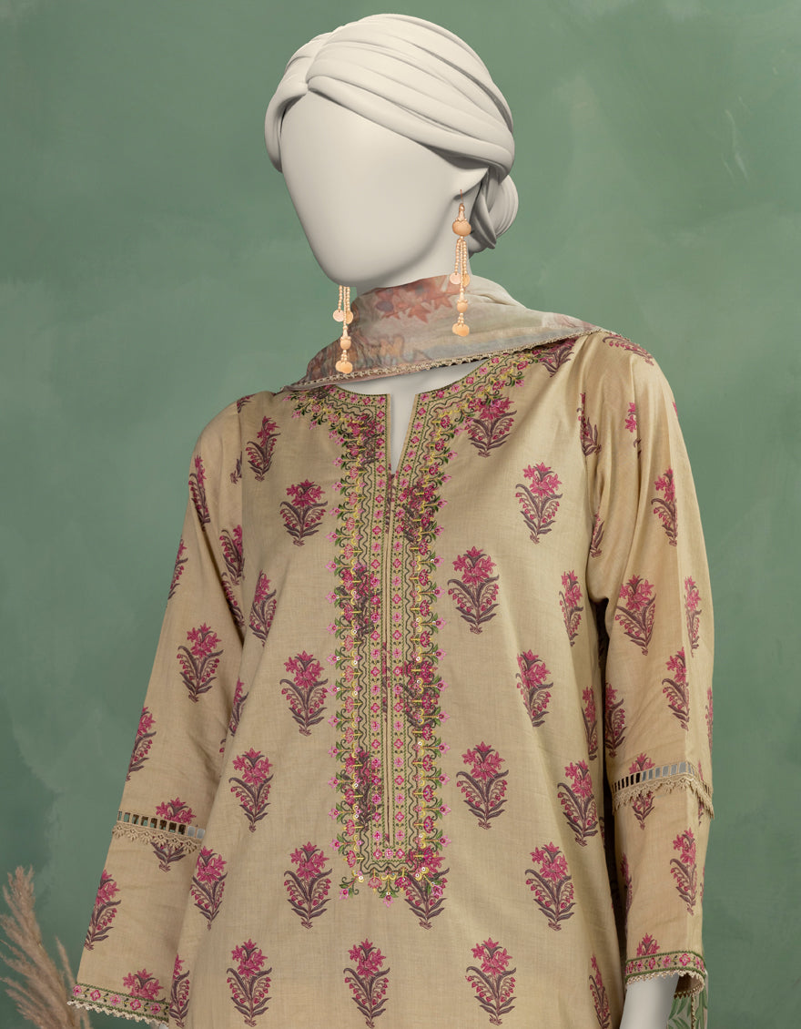 Lawn Beige Unstitched Suit - J. Junaid Jamshed