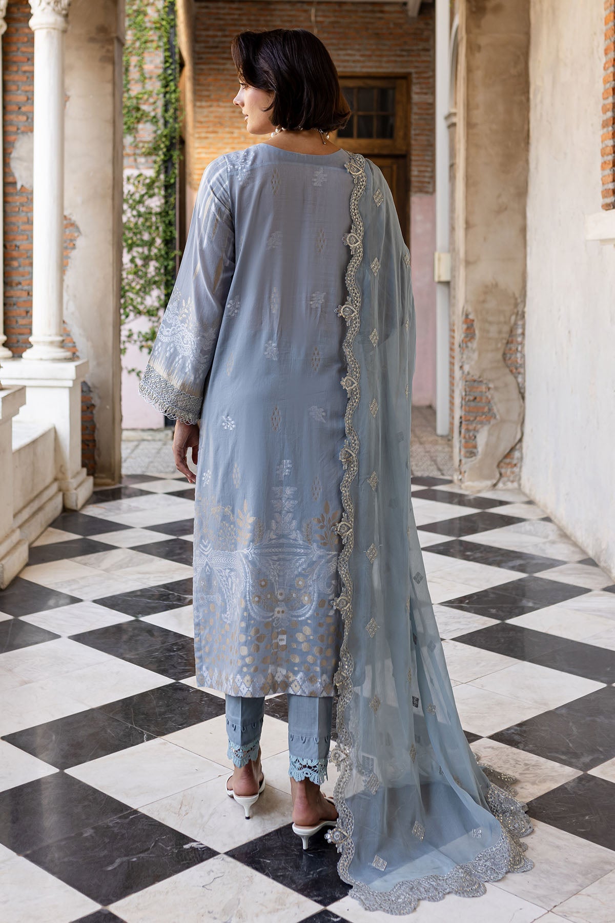 Embroidered Lawn Jacquard Grey Stitched Suit - Nureh