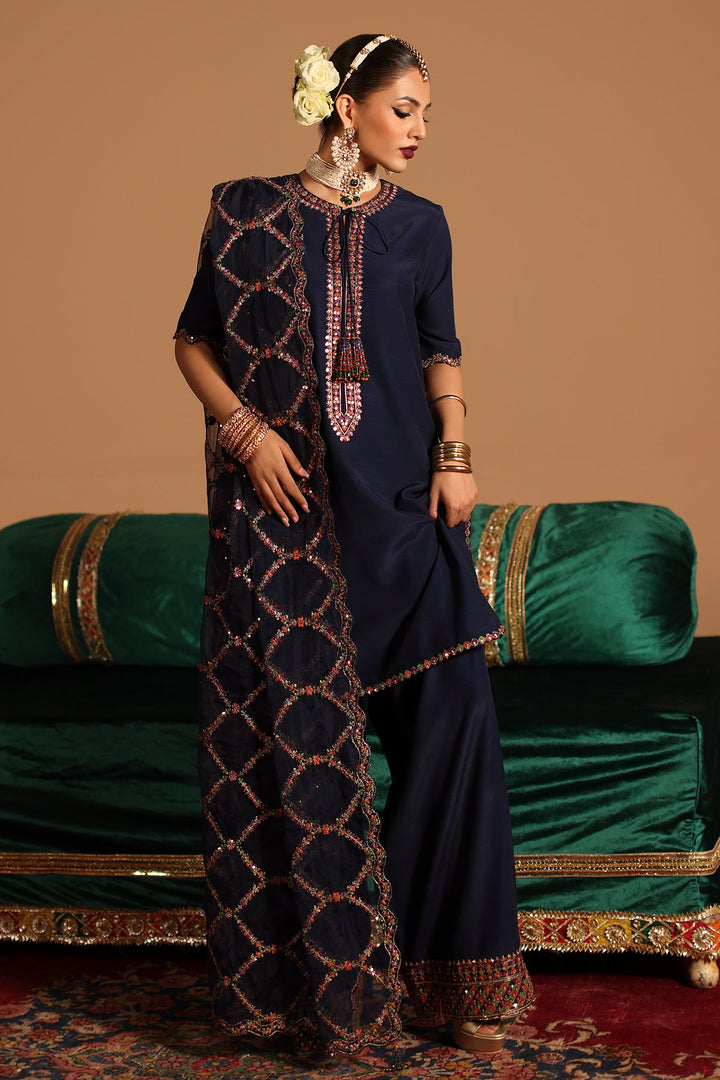 Embroidered Korean Silk Blue Stitched Suit - Charizma
