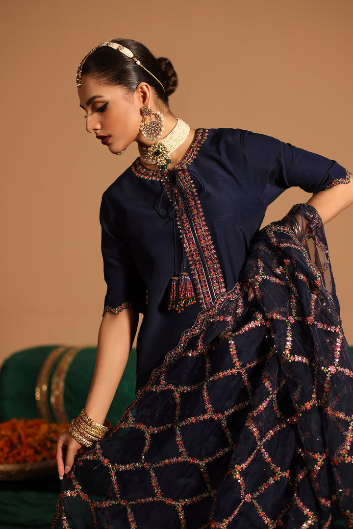 Embroidered Korean Silk Blue Stitched Suit - Charizma