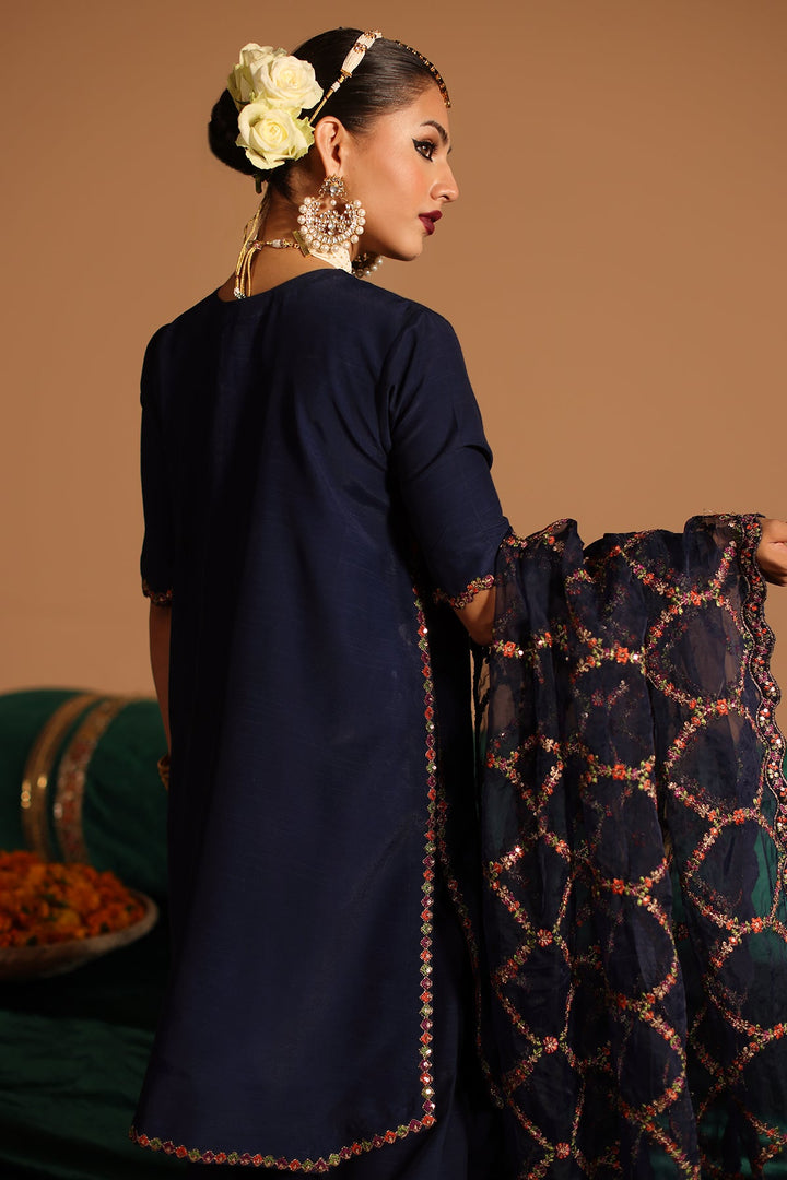 Embroidered Korean Silk Blue Stitched Suit - Charizma