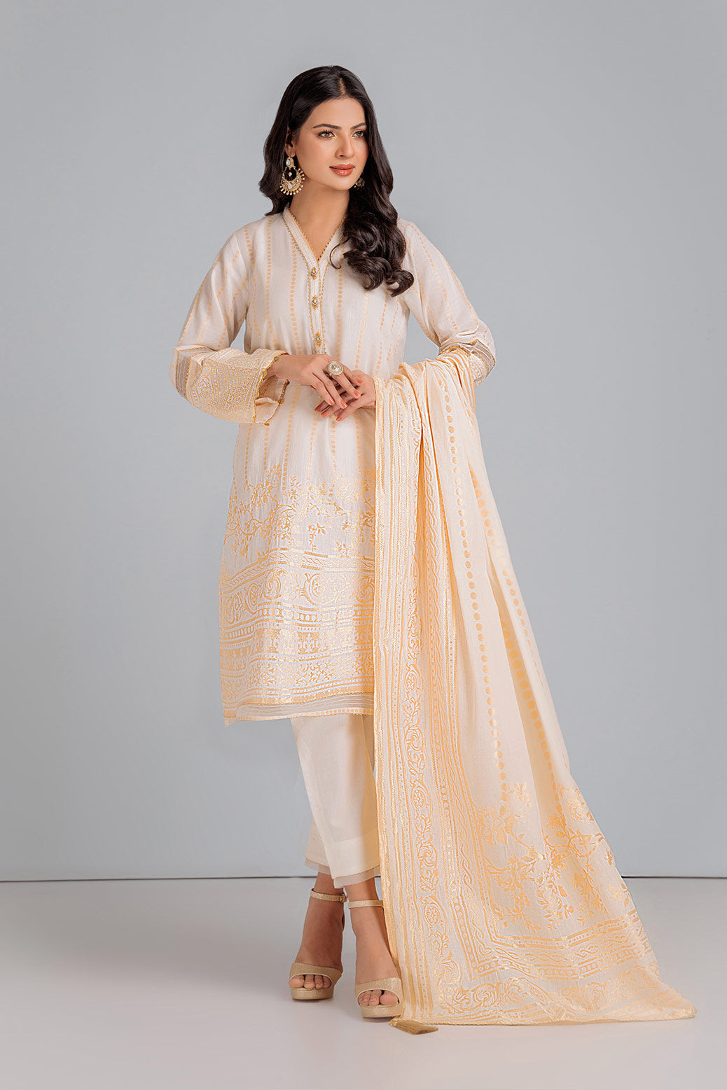 Jacquard Off White 3 Piece Stitched Suit - Bonanza