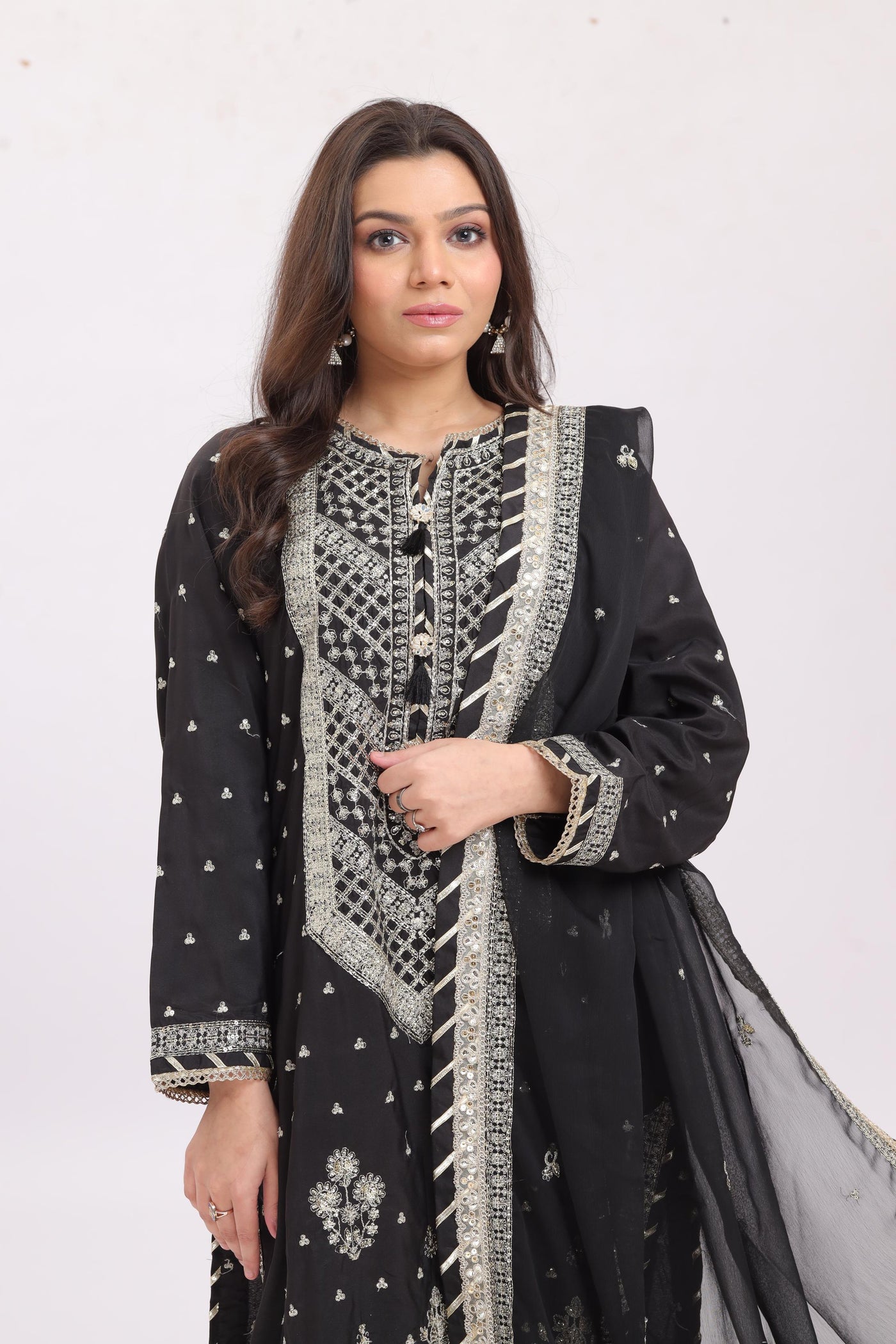 Silk Black Stitched Suit - Asim Jofa