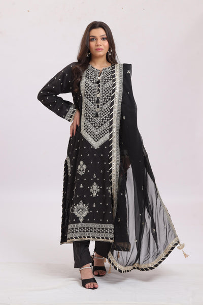 Silk Black Stitched Suit - Asim Jofa