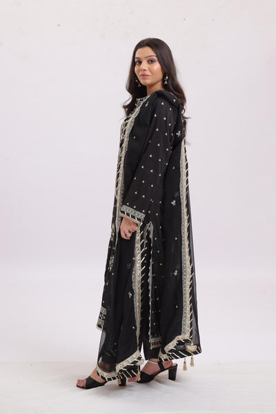 Silk Black Stitched Suit - Asim Jofa