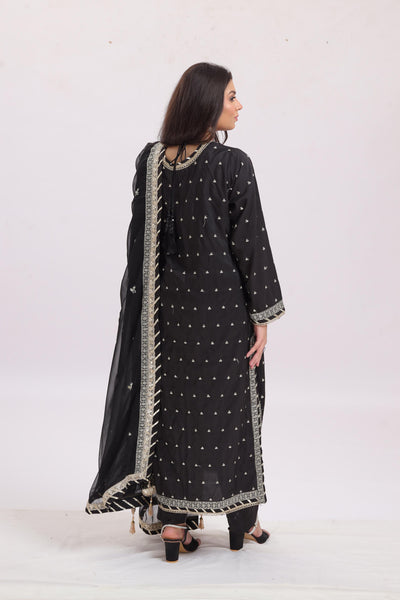 Silk Black Stitched Suit - Asim Jofa