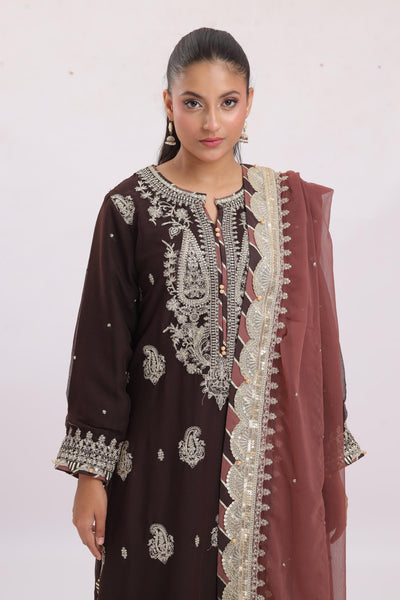 Chiffon Brown Stitched Suit - Asim Jofa