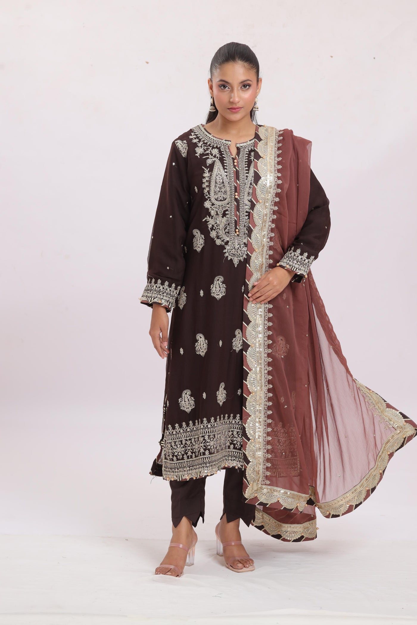 Chiffon Brown Stitched Suit - Asim Jofa